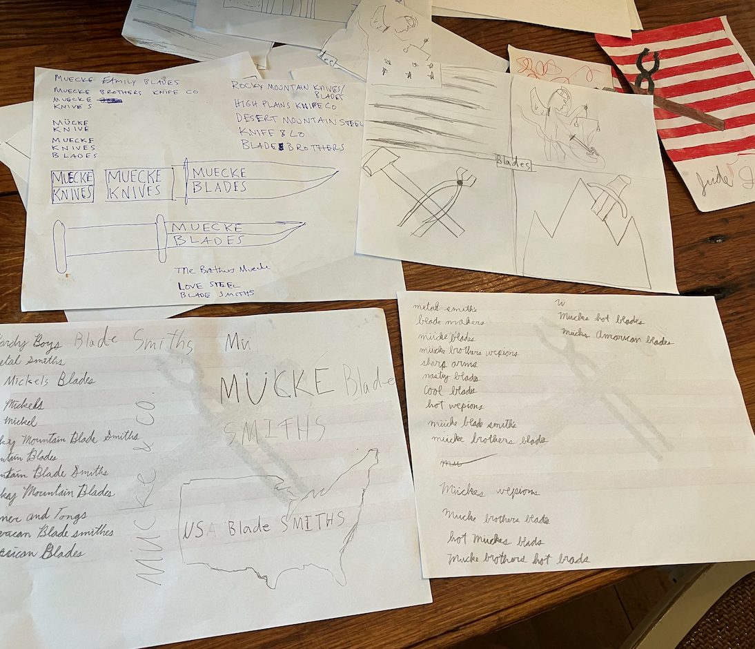 Sheets of paper listing possible company names
