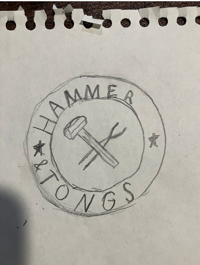 Pencil drawing of the round Hammer & Tongs badge